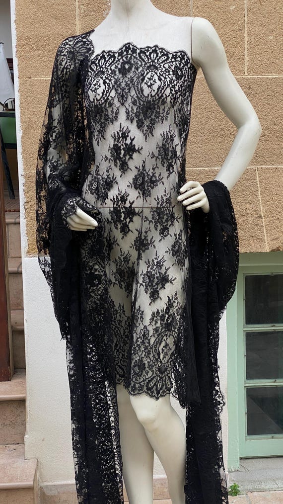 Black French Lace Fabric , Authentic French Lace by Solstiss