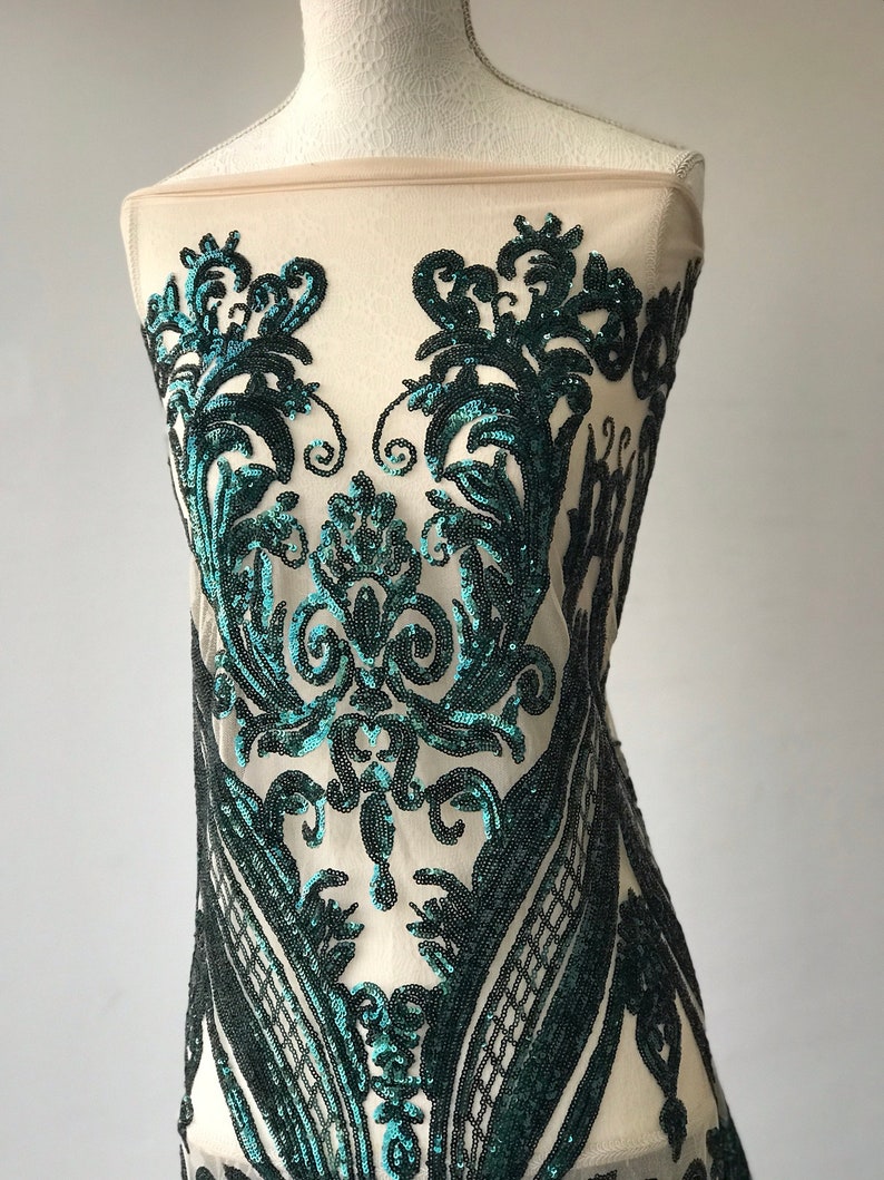 green metallic sequins on nude tulle bridal stunning Green lace in Baroque design