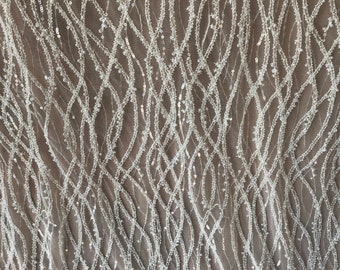 Off white Ivory Bridal Lace fabric embroidered with beads and pearls, heavy ornate border wedding dress lace