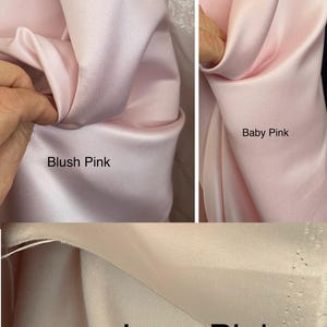 May include: Close-up of three fabric swatches in shades of pink. The swatches are labeled "Blush Pink", "Baby Pink", and "Ivory Pink". The fabric appears to be a smooth, silky material.