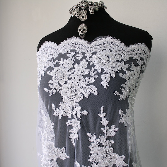 Embroidered Lace Trim, Silver Corded Scallop, 4 Flowers