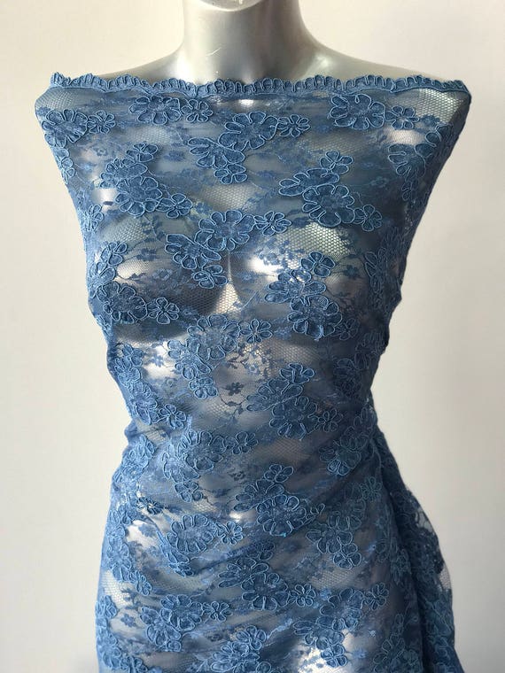 sky blue lace fabric corded lace Alencon, scallop edge mother of bride lace floral lace bridal formal dress Marco Lagattolla
