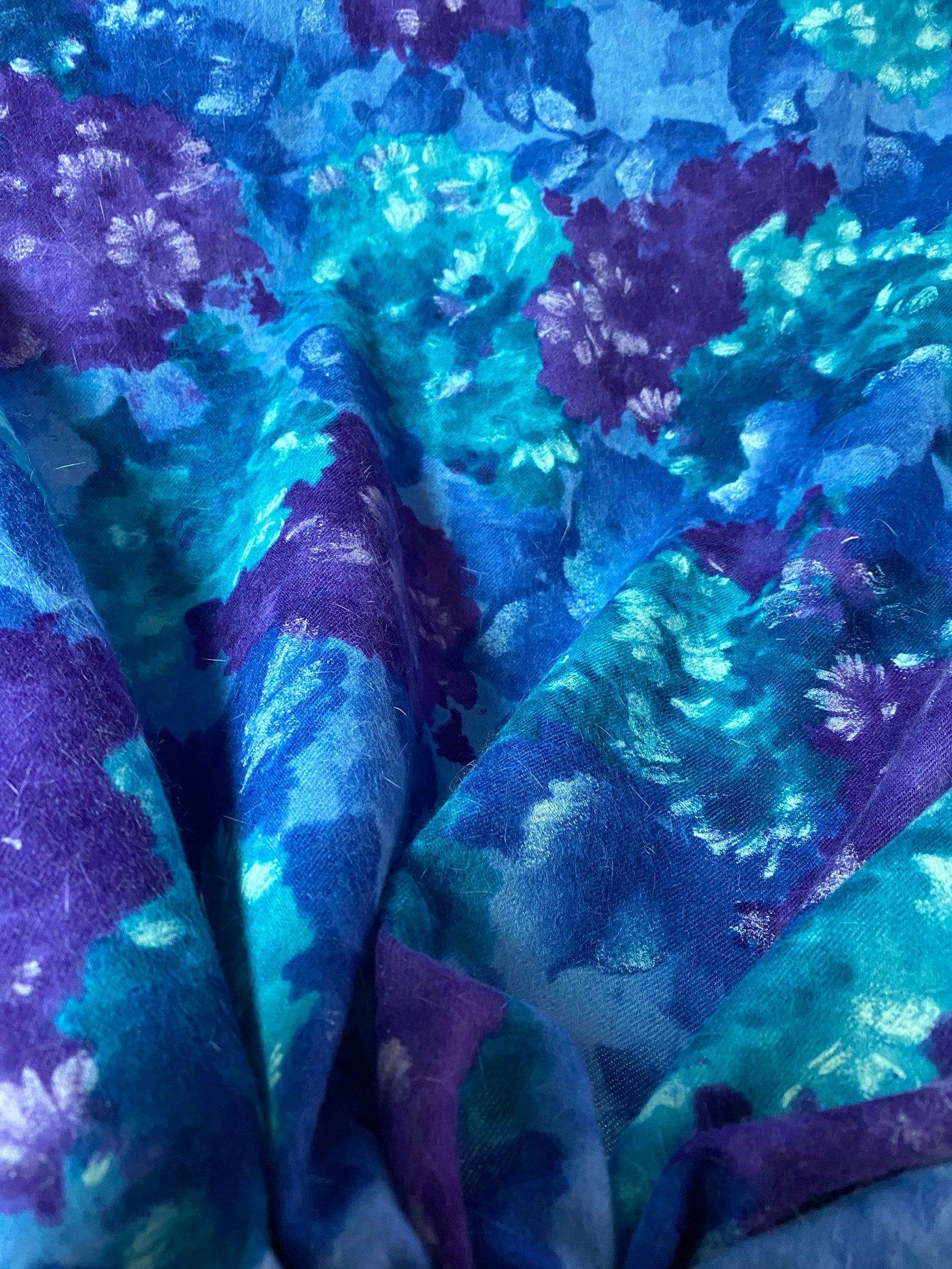 Purple on Blue Wool Fabric Purple Floral Wool Print Fabric - Etsy