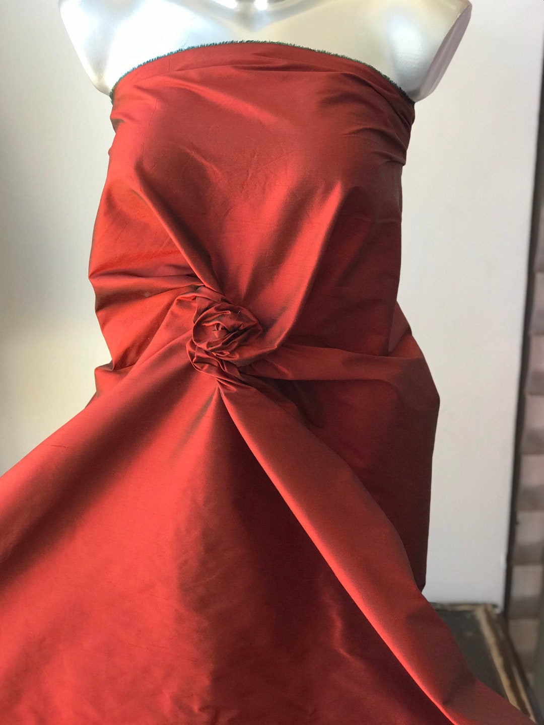 Red Embroidered Dupioni Silk main image 1
