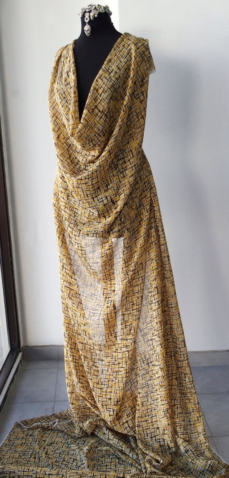 silk chiffon fabric abstract print brown beige yellow gold semi opaque multi color kaftan kimono evening 140cm wide Italy