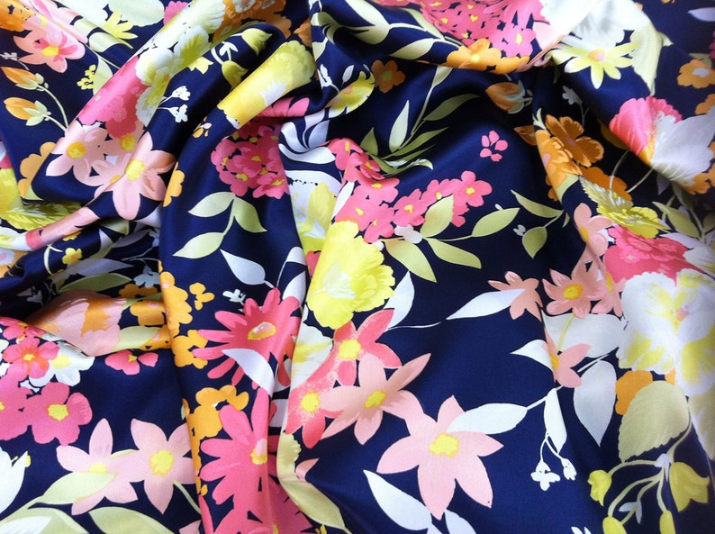 Large floral print silk satin fabric 2 way stretch silk lycra | Etsy