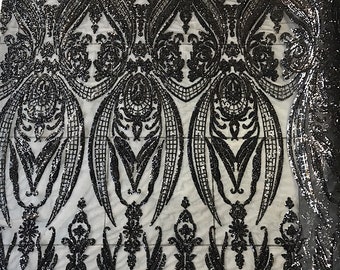black beaded lace fabric, black sequins on black tulle, Baroque design