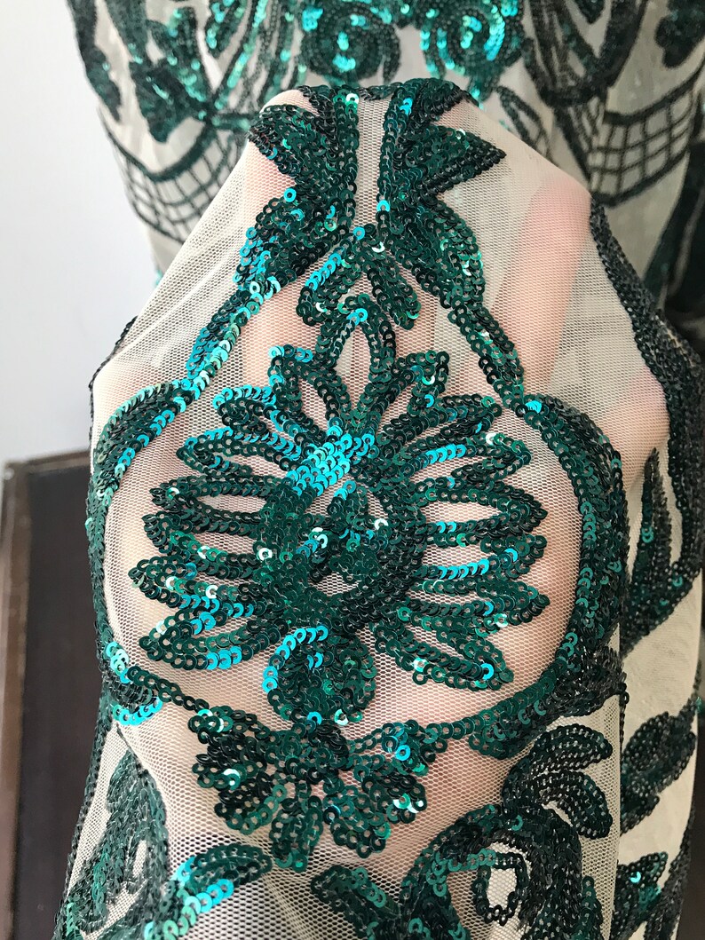 green metallic sequins on nude tulle bridal stunning Green lace in Baroque design