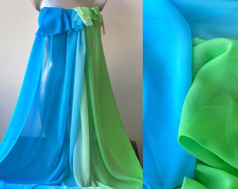 Green blue degrade silk fabric, green blue gradient silk chiffon fabric, rainbow silk fabric