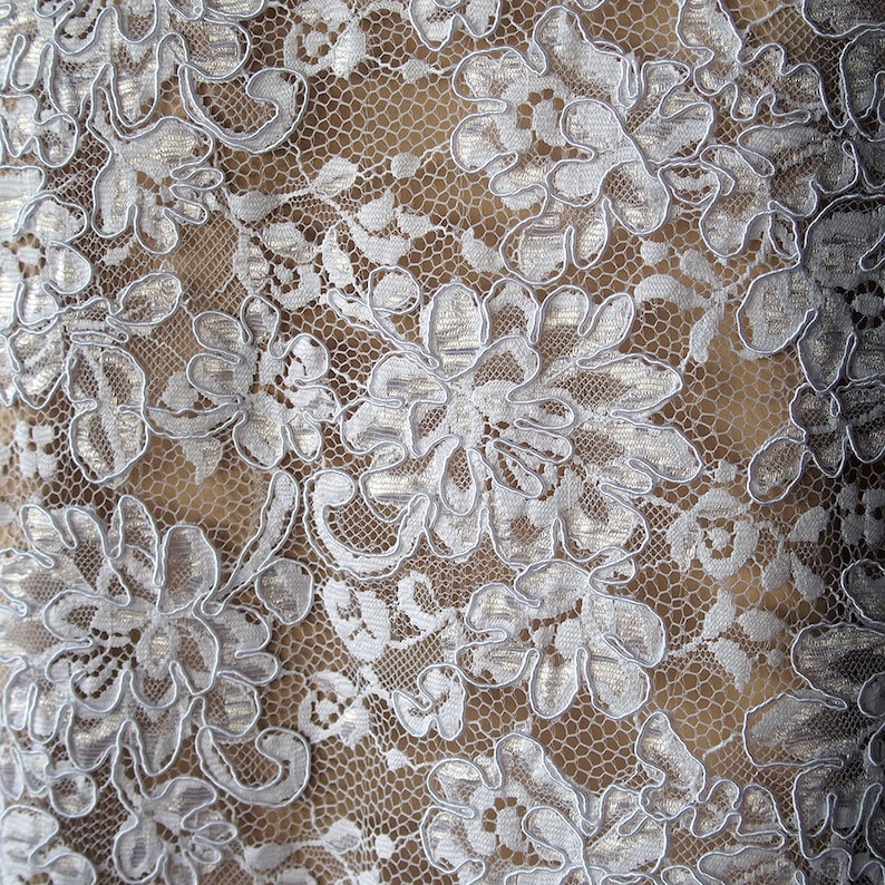 May include: A close-up view of silver and white floral lace fabric. The detailed design features large, stylised flowers and delicate, interconnected patterns. The lace is set against a neutral background, highlighting the detailed texture and design.