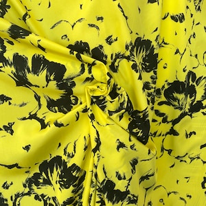 black on yellow summer dress fabric, yellow floral fabric, crepe de chine polyester summer dress fabric print 140cm wide