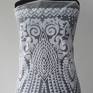 Off White bridal lace fabric embroidered in sequins tulle Baroque design bridal latest fashion trend in bridal lace