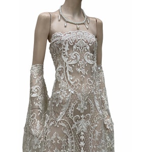 Off White Light Ivory bridal lace fabric embroidered beaded pearls sequins floral Baroque design, wedding dress scallop edge