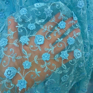 turquoise blauwe kant stof 3D bloemen, borduurwerk tule geschulpte rand prom jurk naaien kleermakerij bruids baljurk **gratis verzending**