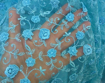 turquoise blue lace fabric 3d flowers, embroidery tulle scalloped edging prom dress sewing dressmaking bridal ball gown **free shipping**