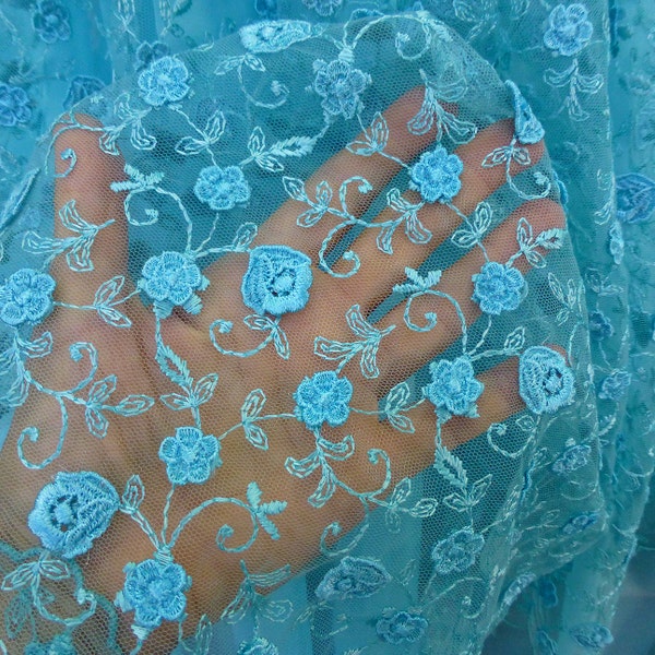 turquoise blue lace fabric 3d flowers, embroidery tulle scalloped edging prom dress sewing dressmaking bridal ball gown **free shipping**