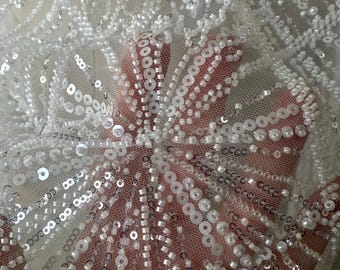 Off White Beaded Bridal Lace Fabric, Wedding Dress Lace, Luxury Bridal Fabric by the Yard Meter