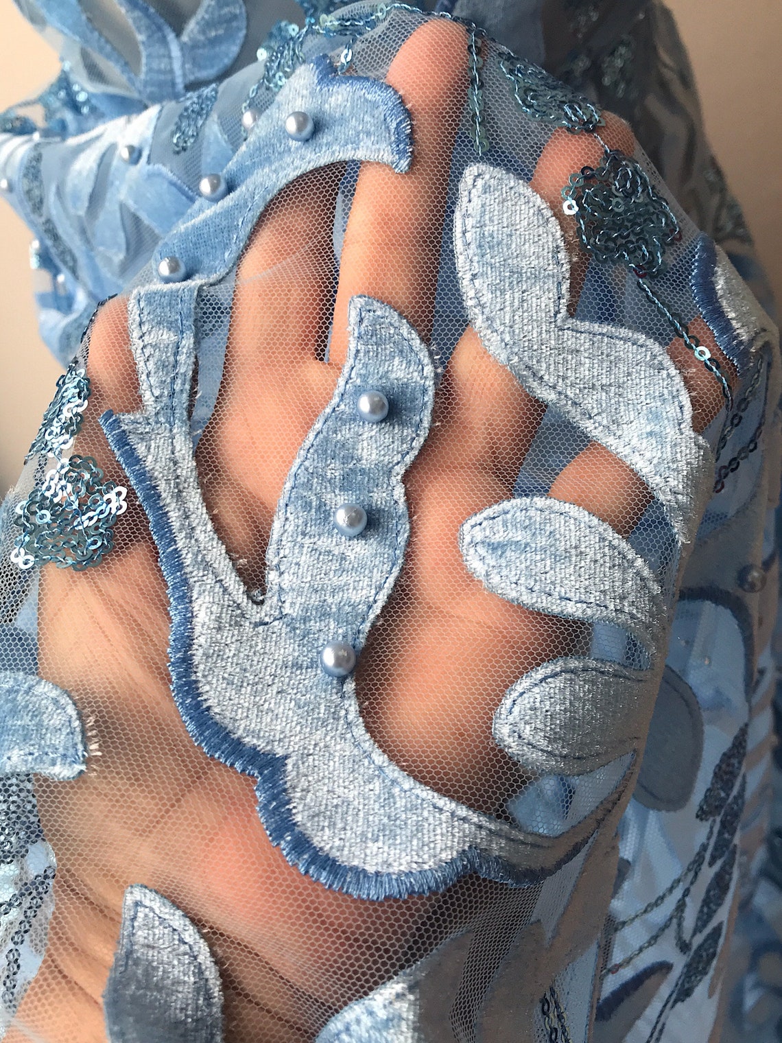 Sky blue lace fabric appliques of velvet sequins and pearls Etsy