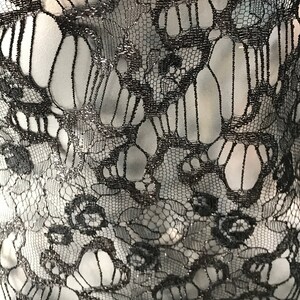 May include: Black lace fabric with a delicate floral pattern. The lace has a subtle shimmer.