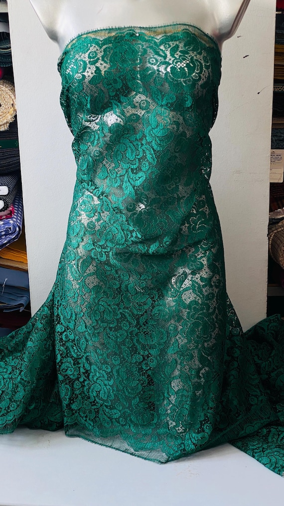 Green French Lace Fabric, Authentic French Lace Scalloped