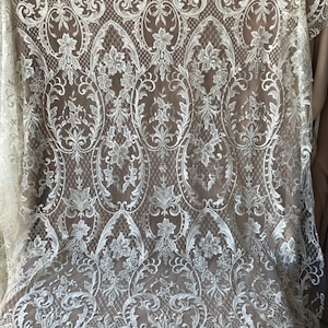 May include: White lace fabric with a delicate floral and scroll pattern. The lace has a scalloped edge.