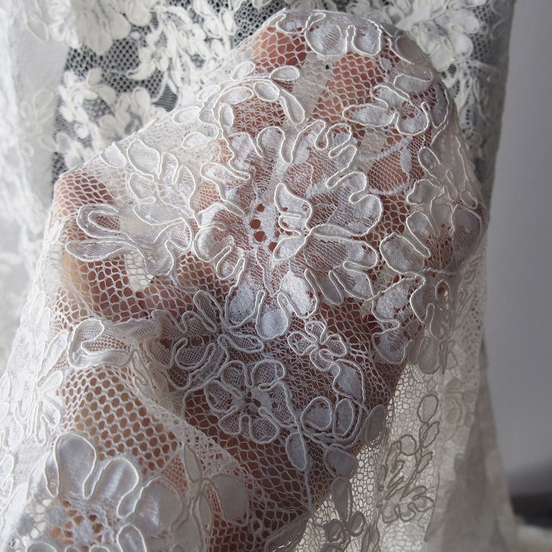 May include: Close-up of delicate white lace fabric. The lace features a floral pattern with intricate details. The fabric is semi-sheer, allowing light to pass through, highlighting the texture and design. This textile is suitable for various craft projects.