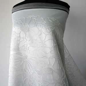 off white Bridal Lace fabric wedding dress veil veiling Large floral embroidery on tulle metallic silver piping 130cm 51&quot;