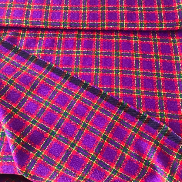 Tissu tartan à carreaux boucle rouge violet tissu de laine fantaisie texturé grand carreaux à carreaux pure laine costume haut de gamme fabriqué en France 150 cm de large