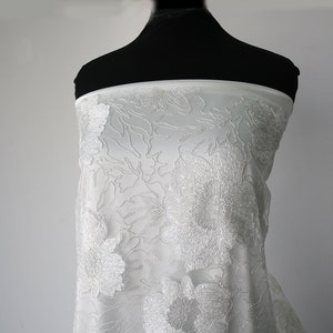 off white Bridal Lace fabric wedding dress veil veiling Large floral embroidery on tulle metallic silver piping 130cm 51&quot;