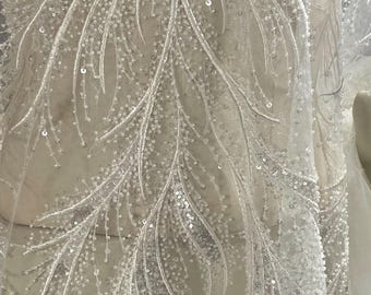 Off White Beaded Bridal Lace Fabric, Wedding Dress Lace, Luxury Bridal Fabric by the Yard Meter