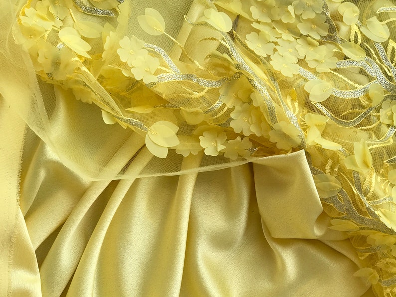 Yellow lace fabric embroidery 3D laser cut flowers sequins Etsy