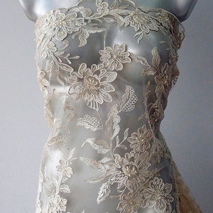 Champagne ivory Beaded Lace fabric beaded tulle floral embroidery cording pearls sequins bridal lace beaded lace fabric scallop edging