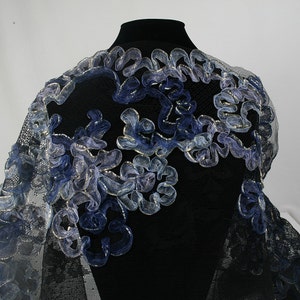 Fancy Border embroidery French lace blue lilac gold ribbon on black lace handmade in France