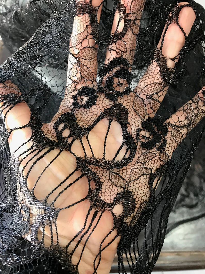 May include: Black lace fabric with a delicate floral pattern. The fabric is sheer and has a soft, flowing texture.