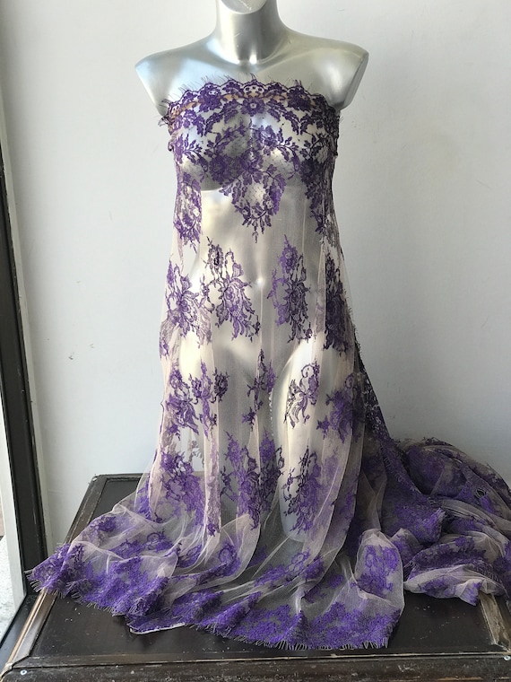 Purple French Lace Fabric, Purple on Nude, Scallop Edge, Eyelash