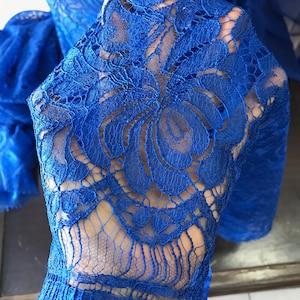 May include: Royal blue lace fabric with a floral pattern. The lace is delicate and intricate, with a soft, flowing texture.