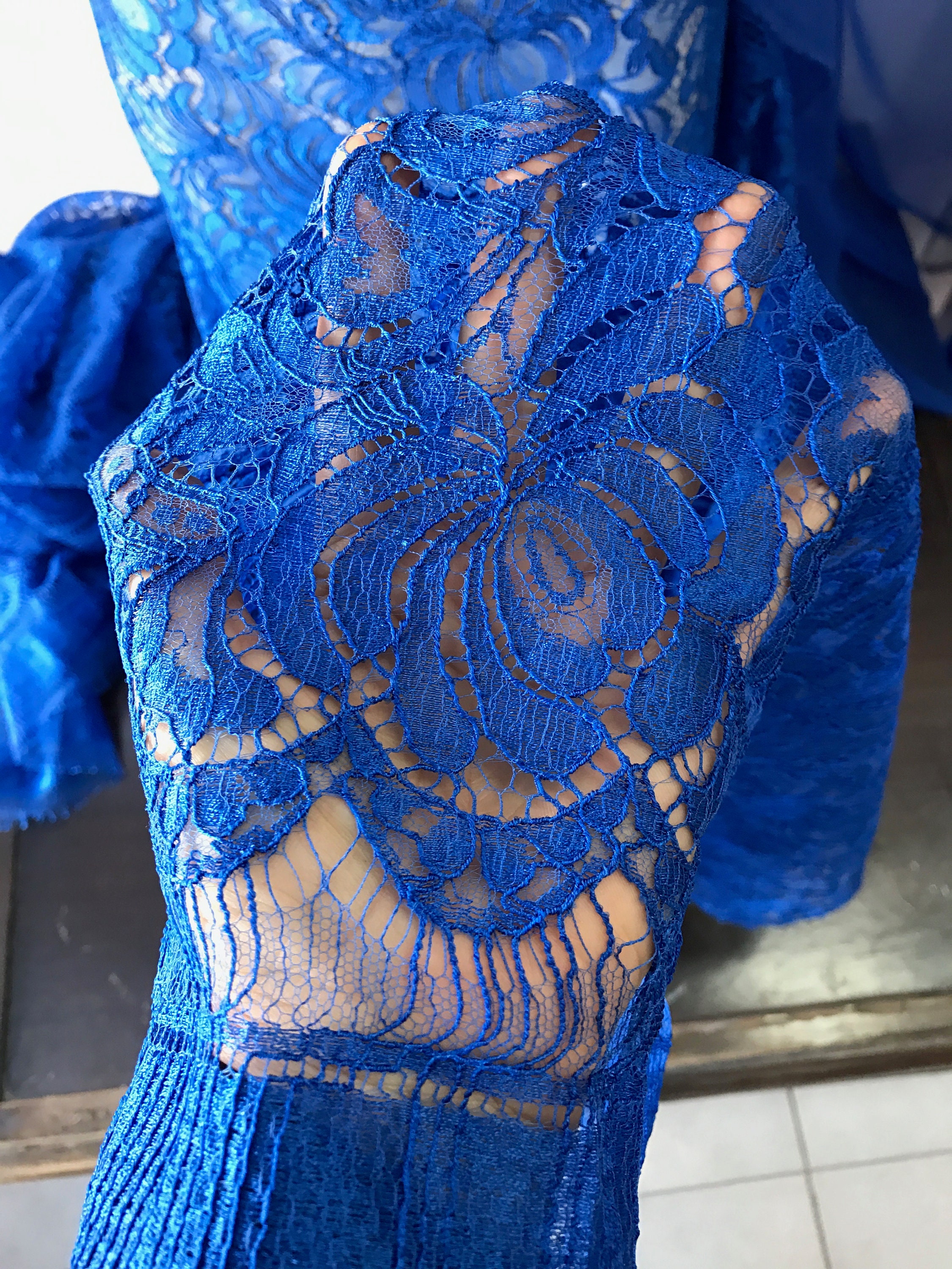 Cobalt blue lace fabric, Italian floral Lace scallop edge eyelash