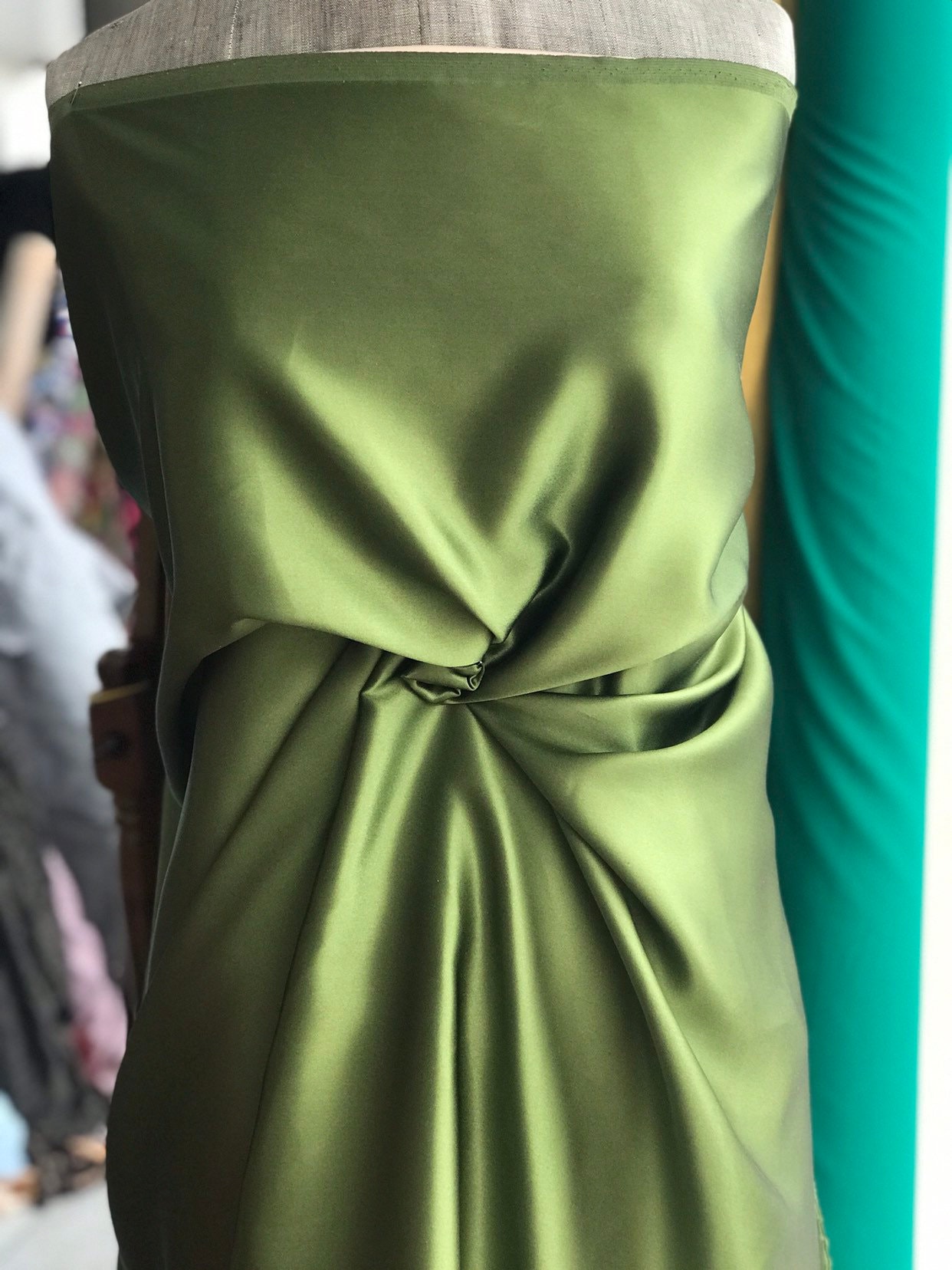 Sold per metre Citrus Green Pleated Satin Dress Fabric 