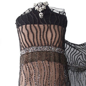 black embroidered lace fabric tulle embroidered in metallic thread black and iridescent beads sequins paillettes red carpet dress bridal