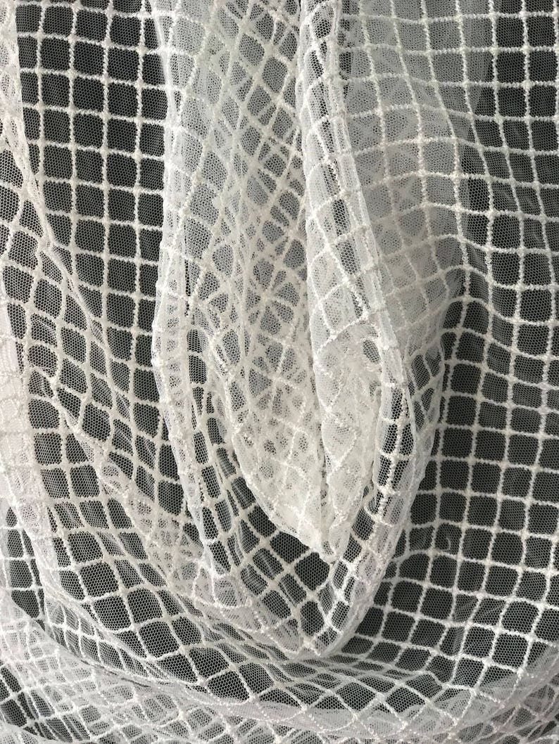 Off White Ivory bridal lace fabric check pattern on tulle mesh 140cm wide image 3