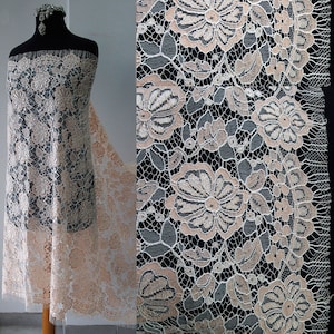 peach and white floral lace fabric scallop edging with eyelashes 95cm wide bridal mother of bride