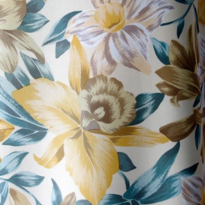large floral tropical print silk crepe de chin fabric hibiscus  yellows greens kaftan kimono evening 140cm wide Italy