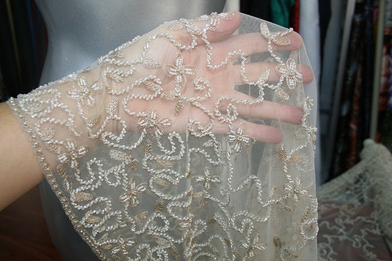 beaded border dress Beige Skin Color Nude Bridal Beaded Lace Fabric Beaded Tulle Floral  Embroidery Decorative Edging Border Formal Ball Gown Cocktail Dress Prom