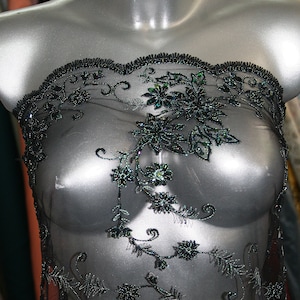 black beaded lace fabric tulle embroidery metallic green black iridescent beads sequins paillettes floral scallop decorative edging evening