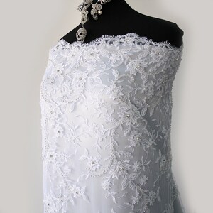 White bridal lace fabric, white wedding dress lace fabric, scallop edge stones