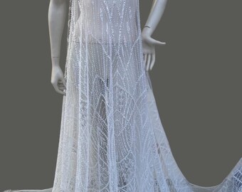 Off White Beaded Bridal Lace Fabric, Wedding Dress Lace, Luxury Bridal Fabric by the Yard Meter