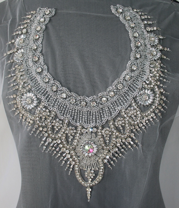 Neckline Applique Embellishment Necklace Metallic Thread Embroidery Rhinestones Pearls on White Tulle Bridal Latin Ballroom Etsy
