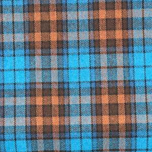 blue on brown tartan check fabric, acrylic, 150cm 60 inches wide suiting, pants skirt fabric, teal blue on brown