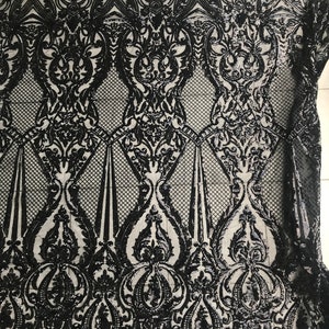 black beaded lace fabric, black sequins on black tulle, Baroque design