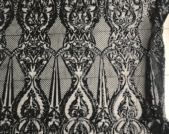 black beaded lace fabric, black sequins on black tulle, Baroque design